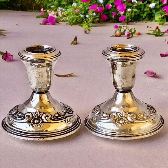 Reed & Barton Sterling Silver Candlestick Candle Holders Pair Weighted SAVANNAH - Picture 4 of 13